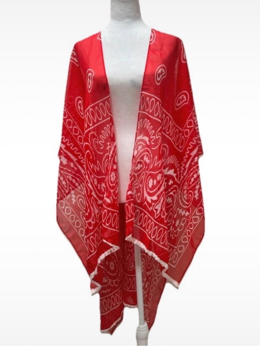 Red & White Paisley Print Sheer Light-weight Shawl OS